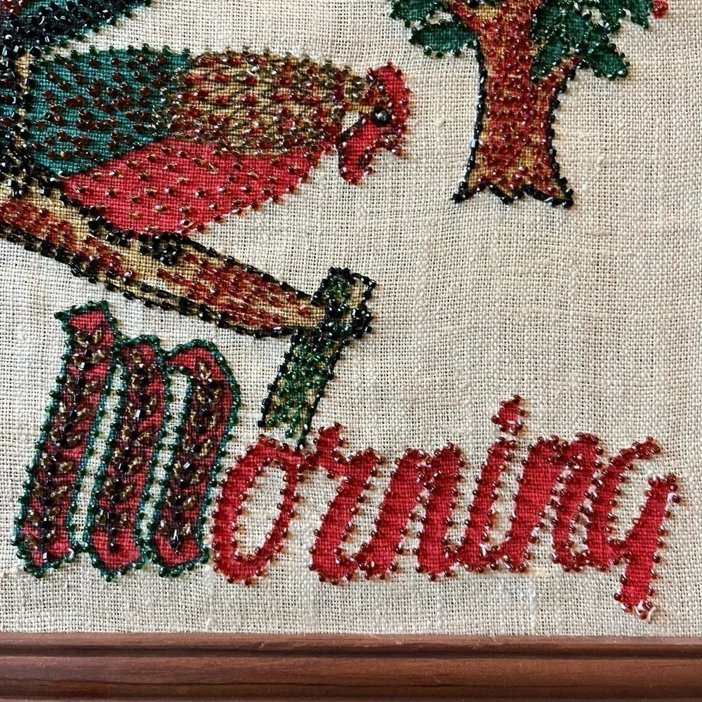 VTG Rooster Liquid Embroidery Woven Linen Pen Art w/Beaded Embellishment - Picture 6 of 12